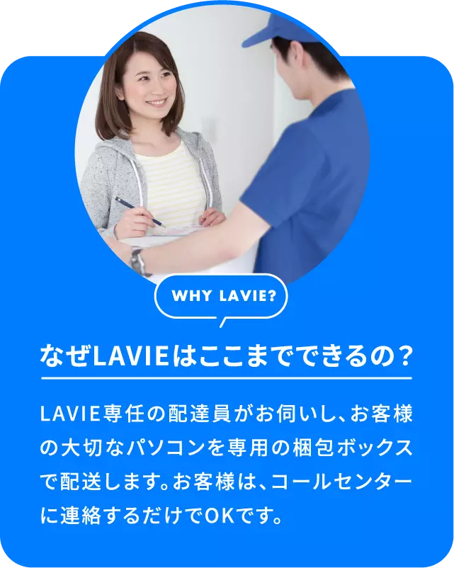 なぜLAVIEはここまでできるの？LAVIE専任の配達員がお伺いし、お客様の大切なパソコンを専用の梱包ボックスで配送します。お客様は、コールセンターに連絡するだけでOKです。